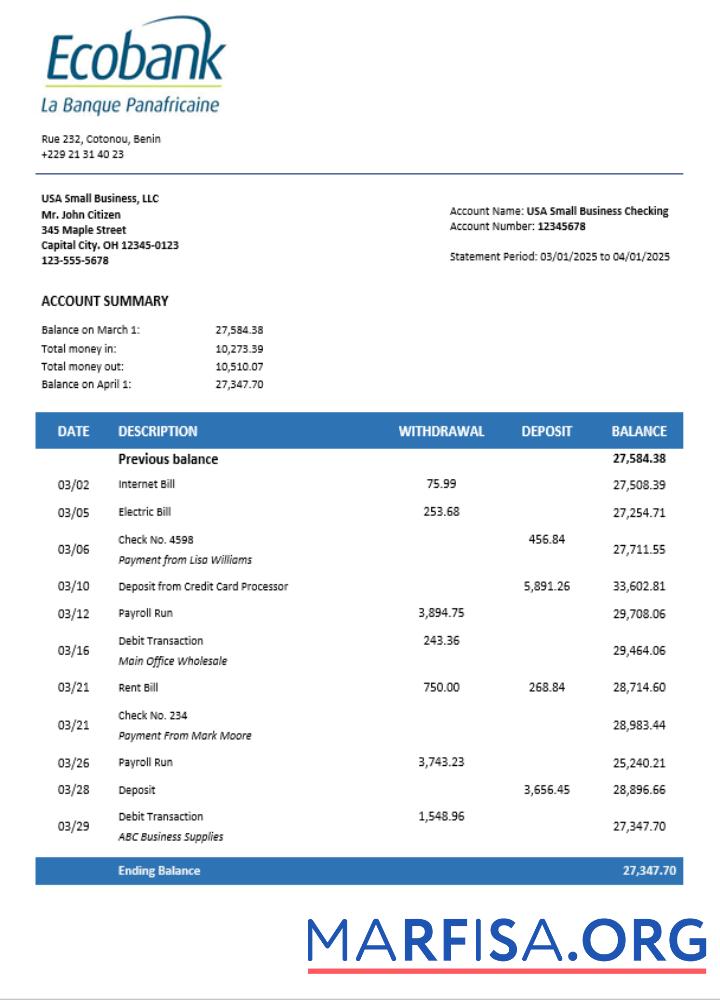 Printable Ecobank enterprise statement Word and PDF format sample